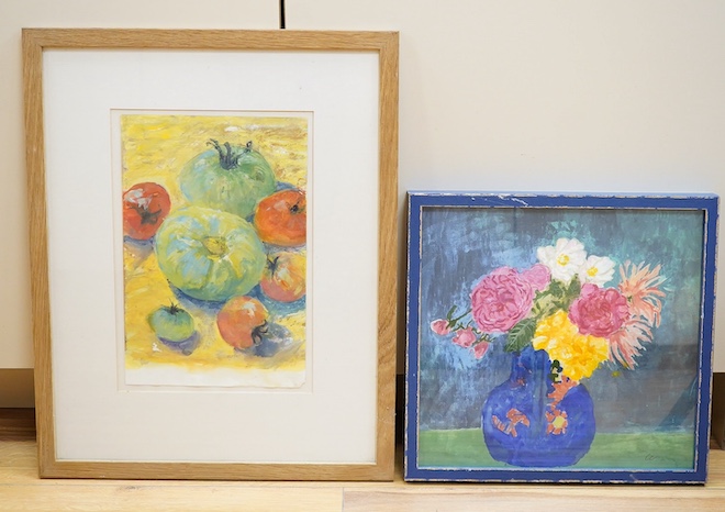 Caroline Conran (b.1939), two watercolours comprising Still life, Green tomatoes and still life of flowers in a vase, one signed with initials, largest 29 x 30cm. Condition - good